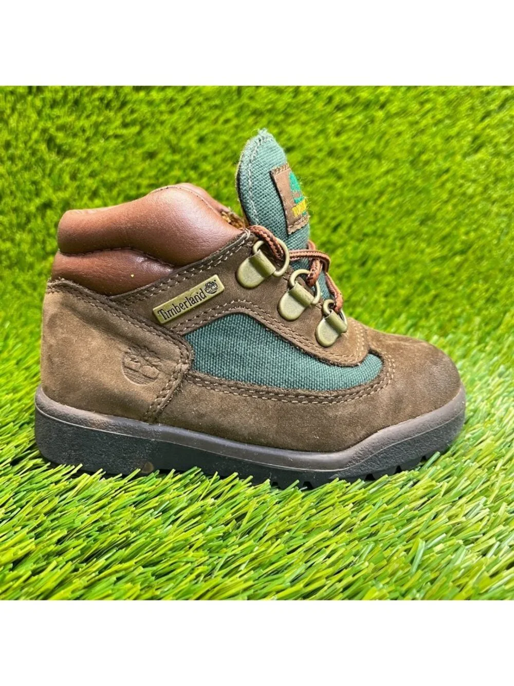 Timberland Field Boys Size 8C Brown Green Outdoor Waterproof Lace Up Ankle Boots